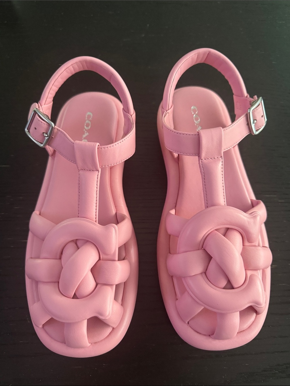 Coach Penney sandals flower pink, puffed woven leather. Platform. Size 8B